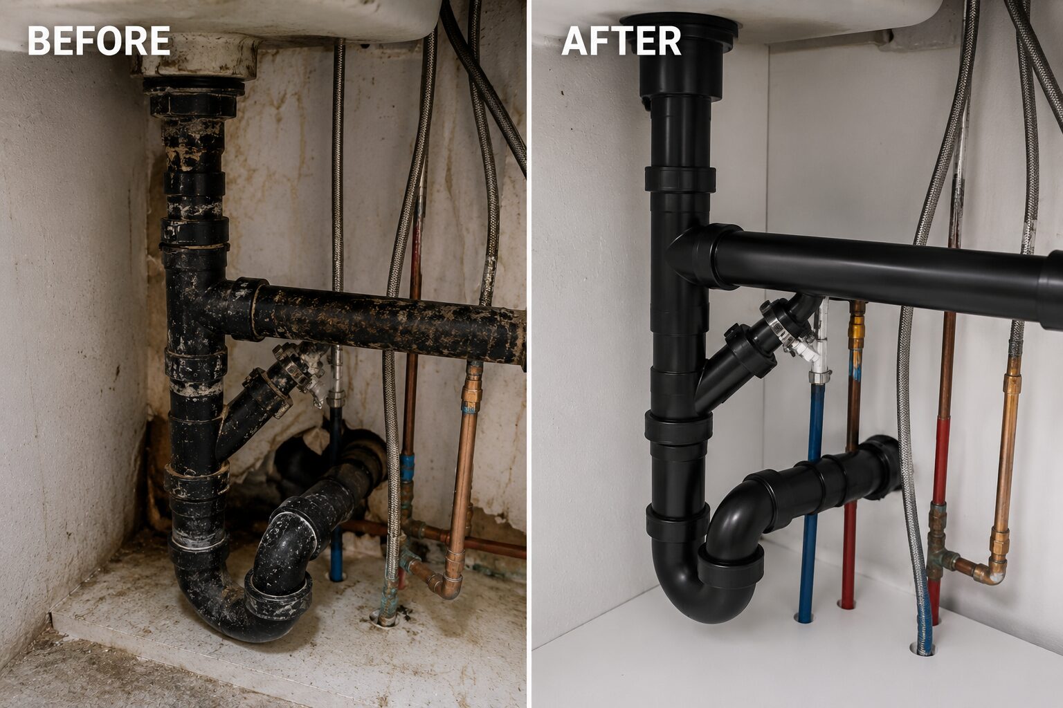 Drain system overhaul before and after β Truckee Plumber