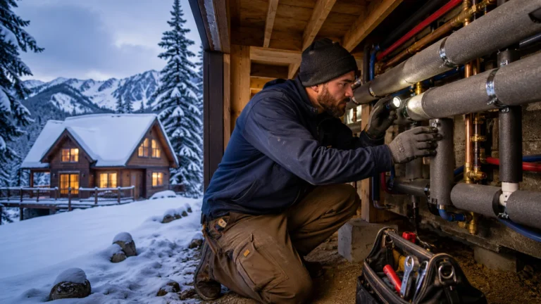 Plumber inspecting insulated pipes in a snowy Truckee home