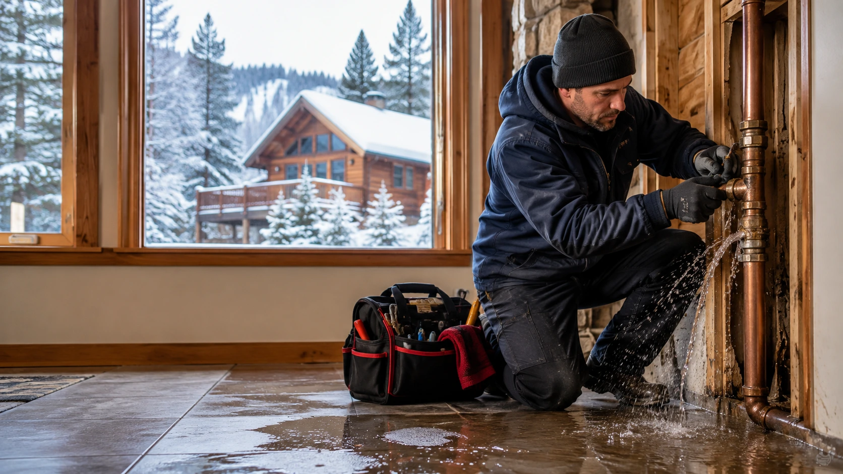 Plumber repairing a burst pipe inside a snowy Truckee mountain home
